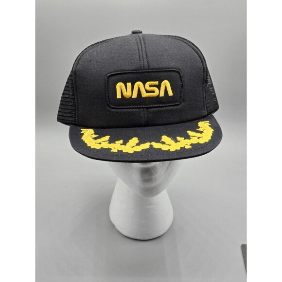 Deadstock NASA Space‎ Gold Leaf Black Snapback Trucker Mesh Hat Cap Patch Space - Picture 2 of 8